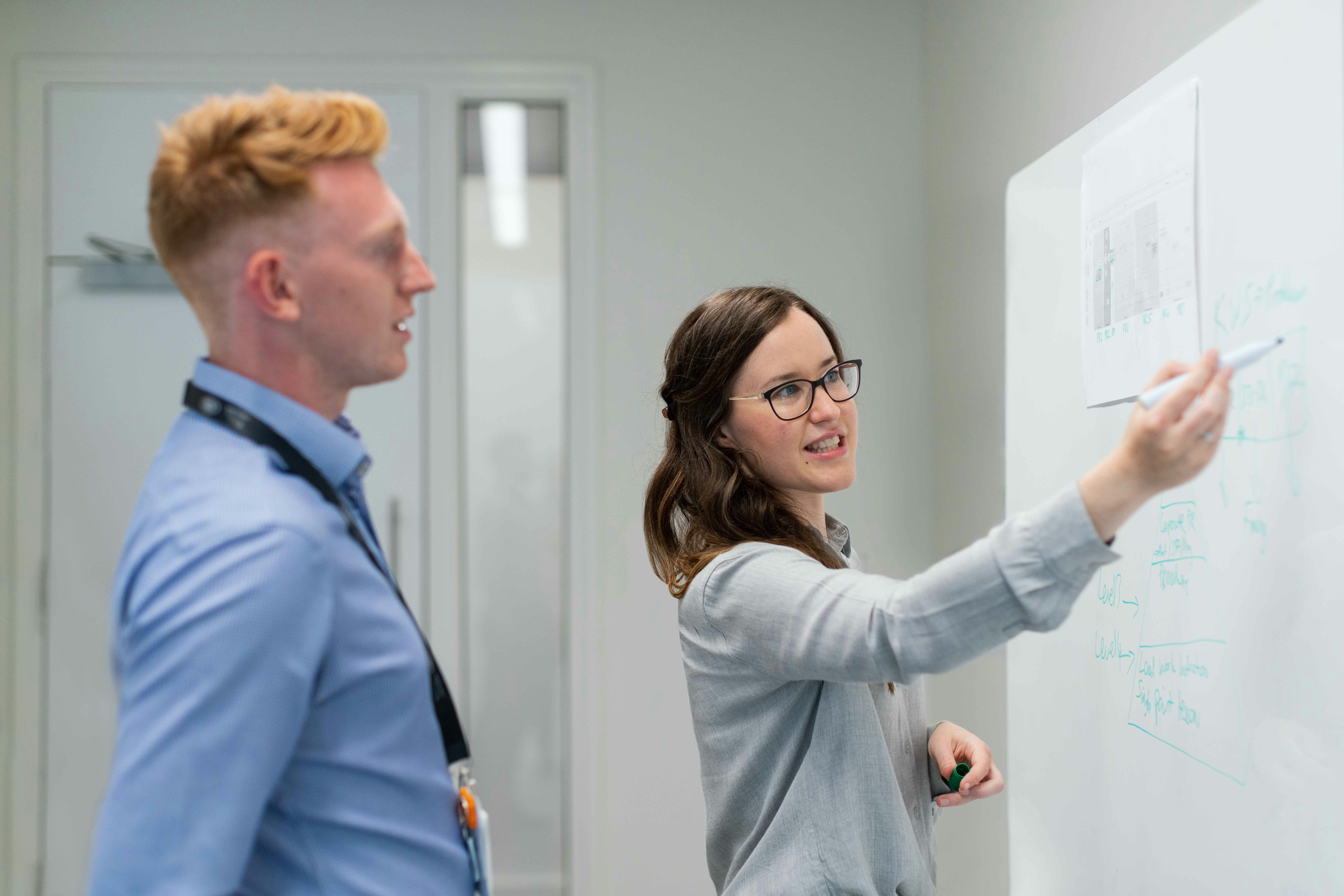Two colleagues at a whiteboard